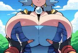 1boy 1boy1girl 1girls ai_generated alternate_breast_size big_breasts breasts breasts_bigger_than_head clair_(pokemon) facing_viewer female game_freak gloves huge_breasts lactation large_breasts male male/female milking mullon nintendo nipples novelai pokemon pokemon_(anime) pokemon_(game) pokemon_gsc pokemon_hgss pokemon_journeys pov pov_hands satoshi_(pokemon) top_heavy