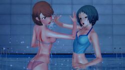 2girls 3d blue_hair brown_hair catfight female fight fuuka_yamagishi guestyuri koikatsu persona persona_3 pool short_hair swimsuit tagme wrestling yukari_takeba yuri
