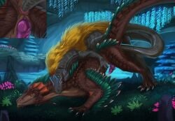 anal anal_sex animal_genitalia anus blonde_mane brown_body brown_scales claws darlsol' dinosaur dragon duo erection feral fur genital_slit genitals grass grey_body grey_scales hi_res knot male male/male mane mythological_creature mythological_scalie mythology penetration penis pink_anus pink_knot pink_penis plant prehistoric_species reptile rock_drake scales scalie tail tail_fetish tail_in_ass tail_insertion tail_play white_claws yellow_body yellow_fur