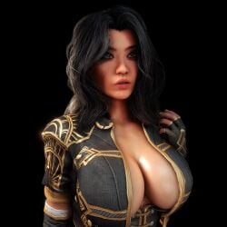 1girls 3d 3d_(artwork) almightypatty big_breasts black_background black_hair breasts brown_eyes clair_obscur:_expedition_33 cleavage corset cropped_jacket facial_tattoo female fingerless_gloves gloves jacky_cracky large_breasts long_hair lune_(clair_obscur:_expedition_33) no_bra open_clothes open_jacket pink_lips solo upper_body