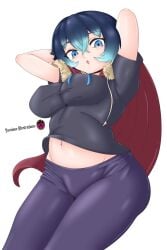 1female 1girls arms_behind_back arms_up asian asian_female big_ass big_breasts blue_eyes blue_hair breasts el_diario_de_jonathan female female_only nipple_bulge nipples nipples_visible_through_clothing pants pasioneillustrations pose posing selene_(eddj) short_hair solo solo_female sweat thick_thighs thighs two_tone_hair