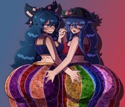 1girls ass ass_focus ass_grab big_ass big_butt black_hat blue_bow blue_eyes blue_hair bottom_heavy bow breasts bubble_butt caked_up embarrassed erofabist fabstdraws fat_ass female female/female female_focus female_only flare_pants forbidden_pants hat hat_ornament headgear holding_hands huge_ass huge_butt large_ass light-skinned_female light_skin long_hair looking_at_viewer looking_back medium_breasts red_eyes round_ass shion_yorigami sideboob sports_bra tenshi_hinanawi thick_ass touhou wide_hips yuri