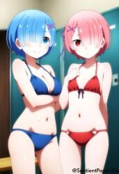2girls ai_generated bikini female ram_(re:zero) re:zero_kara_hajimeru_isekai_seikatsu rem_(re:zero)
