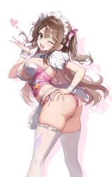 ;d apron ass badge big_breasts bow breasts brown_eyes brown_hair button_badge cleavage corset cowboy_shot female floating_hair g_home girls'_frontline girls'_frontline_2:_exilium hairbow hand_on_own_hip heart k2_(girls'_frontline) long_hair looking_at_viewer maid_apron maid_headdress name_tag official_alternate_costume one_eye_closed panties pink_corset pink_panties puffy_short_sleeves puffy_sleeves short_sleeves shrug_(clothing) side-tie_panties simple_background skindentation smile solo thighhighs thighs two_side_up very_long_hair white_background white_thighhighs wink wrist_cuffs