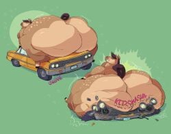 1boy anthro ass black_hair blue_eyes brown_fur car car_crush cayde_(ns22_highwater) cellulite crushing_car equine flat_tire furry gulpspooky hips horse hyper hyper_ass large_ass male male_focus male_only on_top_of_car overweight overweight_male spotted_fur thick_thighs thighs tire wide_hips