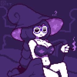 1girls :| bed bedroom black_eyes bra braid cigarette clothing female female_only glasses limited_palette lingerie long_hair mob_face navel octotron2000 pixel_art purple_hair robe self_upload sitting sitting_on_bed smoking solo solo_female star stars underwear white_body witch witch_hat