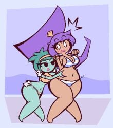 2girls big_hair bikini breasts cleavage clothing colored_skin dark-skinned_female dark_skin earrings female green_hair green_skin hairband jewelry large_breasts long_hair multiple_girls navel open_mouth purple_hair rottytops shantae shantae_(character) shantae_(series) short_hair side-tie_bikini_bottom skull_earrings striped striped_bikini striped_clothes surprised swimsuit very_long_hair zombie