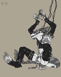 1boy anal anal_sex anthro blindfold bondage bound chastity chastity_cage chastity_device claws collar dildo furry knot leash male male_chastity monochrome object_insertion rentham restraints sergal sex_toy solo testicles