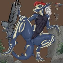 1:1 absurd_res alexen_0 andromorph anthro athletic athletic_anthro barracuda bell_(trippyar) beret blue_body blue_scales bone_markings camel_toe clothing colored crouching cuntboy digital_drawing_(artwork) digital_media_(artwork) feminine fin fish fish_tail flat_chested genitals glistening glossy_body gun hair hat headgear headwear heavy_bolt_rifle hi_res intersex istiophoriform line_art marine markings ponytail pussy raised_leg ranged_weapon rifle scales shaded shark_tail simple_background skeleton_(marking) skintight_suit solo solo_focus standing thick_thighs tight_clothing unfinished warhammer_(franchise) warhammer_40000 weapon