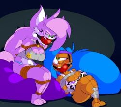 arms_behind_back ball_gag big_hair blue_hair bondage bound bound_legs cleavage furry gag gagged harriet_(tempson) hedgehog legs_tied tank_top tempson underwear wolf