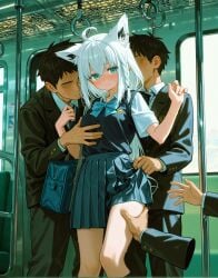 4boys ai_generated black_shirt blue_eyes blush breast_grab breasts female fox_ears grabbing_another's_breast hololive medium_breasts shirakami_fubuki skirt sweat virtual_youtuber white_hair