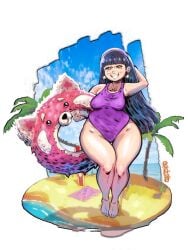abby_park arm_behind_head asian_female bbw beach big_ass big_breasts black_hair disney earrings long_hair one_piece_swimsuit palm_tree pixar plump smile thick_thighs turning_red wide_hips
