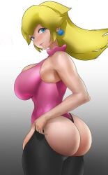 1girls ass big_ass big_breasts blonde_hair breasts busty clothes_lift dressing fat_ass female female_only highres huge_ass large_breasts lifting_own_clothes long_hair looking_at_viewer mario_(series) nintendo one-piece_swimsuit pink_lips princess princess_peach seductive seductive_look seductive_smile sideboob smile solo swimsuit thighhighs thong_swimsuit voluptuous
