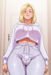 1futa 2d ai_generated anasheya_(style) arms_at_sides blonde_futa blonde_hair blondshell blue_eyes breasts bulge civitai crop_top cropped_hoodie drawstring erection from_below futa_only futanari hoodie intersex large_breasts light-skinned_futanari light_skin long_sleeves looking_at_viewer medium_hair midriff solo standing sweatpants white_hoodie white_sweatpants