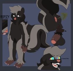 anthro anus ass balls bipbopstunk bipzy_(bipbopstunk) black_body black_fur black_pubes blue_background border brown_body character_name claws color_swatch english_text fart fart_cloud feces feces_on_ground finger_claws flaccid fur genitals grey_body grey_border grey_fur hi_res hypnotic_eyes looking_at_viewer male mammal mephitid model_sheet multicolored_eyes narrowed_eyes open_mouth penis perineum pubes raised_tail sharp_teeth signature simple_background skunk skunk_tail smile solo species_name standing tail teeth text toe_claws whisker_spots