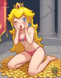 2025 ai_generated alfrehr203 belly blonde_female blonde_girl blonde_hair_female blue_earrings blushing_at_viewer brown_eyebrows coins deviantart golden_crown hands_on_cheeks kneeling_female kneeling_on_coins looking_at_viewer looking_back_at_viewer meta nintendo not_porn pink_bikini pink_lipstick pinterest princess_peach red_cheeks scared scared_expression scared_face scared_female scary scary_eyes scary_face shocked shocked_expression shocked_eyes shocked_face shocked_female shocked_look super_mario_bros. tounge_out tummy unknown_place winking_at_viewer
