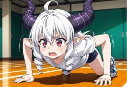 1girl, abyss, ahoge, bangs, between chest, demon drill ears, eyes, fang, female flat girl, gym gym, hair hair, horns, inside, lines long motion not_porn pointy purple push-ups, red school shirt, short shorts, sneakers, solo, striped sweat, two-toned white