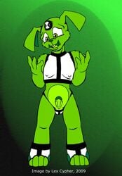 2009 balls ben_10 bottomless cartoon_network clothed clothing erection fur furry g-string green_background green_fur half-dressed laiski lex_cypher male nipple_bulge panicked penis plain_background retracted_foreskin solo standing transformation uncut underwear