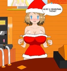 blue_eyes blush breast_expansion brown_hair christmas christmas_clothing christmas_hat coffee happy_trance hat hoothoot hoothoots hypnosis hypnotic_eyes laprasking looking_at_viewer pokemon pokemon_(anime) serena starbucks text tv