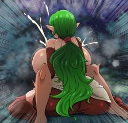 1boy 1girls ass boots bouncing_breasts breasts breasts_bigger_than_head breasts_outside breath cum cumming_from_paizuri cumshot ear ejaculation elf elf_ears female forest from_behind gloves green_hair huge_ass huge_breasts implied_paizuri large_ass large_breasts leather_boots leather_skirt long_hair male motion_lines night orgasm outside paizuri pinou pointy_ears ponytail quest_for_alliance shoulder_pad sitting skirt steam sweat thick_thighs thighs tied_hair yukichi100yu