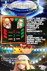 ai_generated ass battle big_ass big_breasts blonde_hair breasts cynthia_(pokemon) female humiliated miaulust nsfw pikachu pokegirl pokemon pokemon_dppt red_(pokemon) sexy_pose stadium videogame