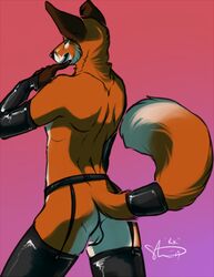 1boy 2014 animal_genitalia anthro ass balls canine clothing fox fur legwear lying male male_only mammal on_back plain_background rokemi smile solo stevefoxx stockings underwear