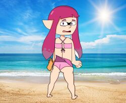 artist_request beach bikini inkling inkling_girl leftthumb ms_paint oc pink_hair skirt spanking splatoon surprised