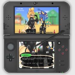 1:1 2022 adjusting_glasses animal_crossing ankha_(animal_crossing) anthro ass bell black_clothing black_latex black_legwear black_stockings blonde_hair blue_hair blush brown_body brown_fur bulge canid canine canis clothing dialogue digital_media_(artwork) domestic_cat domestic_dog duo english_text eyewear felid feline felis femboy ftm_crossgender fur gameplay_mechanics glasses hair hi_res holding_object isabelle_(animal_crossing) latex legwear looking_at_viewer male mammal nintendo nintendo_3ds nintendo_ds_family open_mouth outside rule_63 stockings stylus tail text xorza