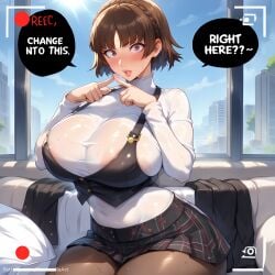 1boy ai_generated blue_sky blush bodysuit braid breasts brown_hair busty caption comic comic_page commission dialogue english_text female finger_to_mouth index_finger_raised looking_at_viewer makoto_niijima megami_tensei pantyhose patreon patreon_url patreon_username persona persona_5 red_eyes see-through short_hair sinderellaart skirt sky solo speech_bubble text text_bubble thick voluptuous