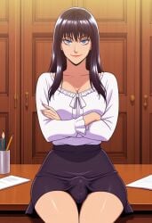 1futa 2d ai_generated anasheya_(style) black_hair black_skirt blondshell blue_eyes civitai cleavage closed_mouth erection_under_clothes frilled_shirt frills futa_only futanari indoors large_breasts light-skinned_futanari light_skin looking_at_viewer original_character pencil_(object) pencil_skirt shirt sitting sitting_on_desk skirt smile solo thighs white_shirt