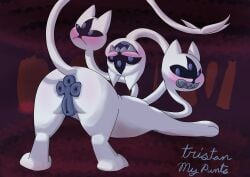 3_anuses 3_eyes 3_heads absurd_res angry anus ass ass_up blue_anus blue_eyes blue_vulva blush clenched_teeth clover_(deltarune) deltarune european_mythology fangs felid feline female fur genitals greek_mythology happy hi_res hydra jack-o'_pose mammal multi_anus multi_eye multi_head mythology nude pose presenting presenting_hindquarters puffy_anus pussy shy solo tail teeth tristanmypants undertale_(series) vulva white_body white_fur
