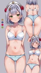 1girls 2d 2d_(artwork) arms_behind_back artist_request back back_view blush bra breasts closed_eyes female female_focus female_only flowers flowers_in_hair front_view genshin_impact green_eyes grey_background grey_hair high_resolution highres light-skinned_female light_skin looking_at_viewer medium_breasts noelle_(genshin_impact) short_hair simple_background slim_girl solo solo_female standing underwear white_underwear young younger_female