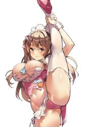 apron big_breasts blush breasts brown_eyes brown_hair cameltoe female flexible girls'_frontline girls'_frontline_2:_exilium hair_ribbon high_heels k2_(girls'_frontline) kekemotsu long_hair navel official_alternate_costume open_mouth panties pink_panties pink_shoes shoes side-tie_panties simple_background smile solo split standing standing_on_one_leg standing_split thighhighs underwear waist_apron white_apron white_background white_headdress white_thighhighs