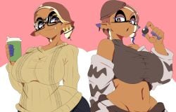 1girls alternate_costume bare_shoulders breasts brown_eyes brown_hair chicken_rib chocolate chocolate_ball coffee coffee_cup female frye_(chocolate) frye_(chocolate_2025) frye_(splatoon) glasses large_breasts long_sleeves navel nintendo official_alternate_costume open_mouth pants splatfest splatoon splatoon_3 sweater tentacle_hair tongue turtleneck