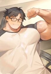:3 baby_face bara clothed_male flexing flexing_bicep heithanoll male male_only mole mole_under_eye tagme
