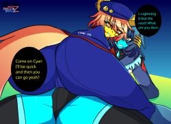1boy 1girls 2025 airiin220 anthro anthro_on_anthro ass ass_focus beanie beanie_hat before_sex big_ass bulge bulge_through_clothing clothing cyan_(horse_race_test) cyberairiin_(airiin220) digital_drawing_(artwork) dominant_female english_text female femboy femboy_on_tomboy femdom furry furry_only horse_race_tests lightning_strikes_thrice male male/female pants piercing short_hair short_hair_female stockings submissive_male text tomboy