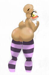 anthro ass bear big_ass big_breasts bit-small breasts cute dripping female fur furry furry_only legwear mammal nintendo overweight plain_background pokemon presenting pussy pussy_juice shy solo stockings teddiursa video_games