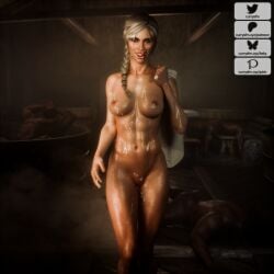 1girls 3boys 3d after_sex ciri cum cum_in_pussy cum_on_body cum_on_breasts currysfm dark-skinned_male female interracial male the_witcher_(series) the_witcher_3:_wild_hunt white_hair