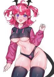 absurd_res bat_wings black_panties black_tail black_thighhighs blush breasts camila_(vtuber) cropped_jacket earrings high_res hood hoodie indie_virtual_youtuber jewelry large_breasts multicolored_hair nanachiiiuwu_(artist) paggi_outfit panties pink_hair pink_hoodie pointy_ears skull_panties streaked_hair thighhighs underboob underwear virtual_youtuber wings
