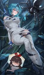 2girls amber_(genshin_impact) blue_hair bondage brown_eyes brown_hair captured cocoon cocooned crying eula_(genshin_impact) gag gagged genshin_impact heart-shaped_pupils mummification purple_eyes spider spider_web sweat tears web web_bondage web_gag