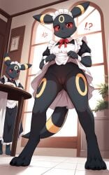 2025 2girls ai_generated annoyed anthro black_fur blushing bottomless bottomless_female confused digitigrade dress_lift eeveelution female female_only generation_4_pokemon hi_res indoors innie_pussy low-angle_view maid_uniform nintendo no_panties pokemon pokemon_(species) pussy question_mark red_eyes umbreon