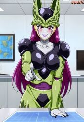 ai_generated big_breasts bio-android_(dragon_ball) black_nails breasts cell_(dragon_ball) dragon_ball dragon_ball_z eyelashes female female_cell genderswap_(mtf) grey_skin happy lipstick map nail_polish nails perfect_cell perfect_fem-cell pink_eyes pointing_at_viewer purple_hair purple_lips rule_63 smile spur//.