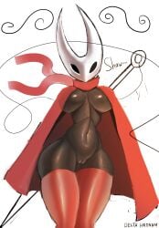 anthro arthropod big_breasts black_body black_eyes breasts cloak cloak_only clothing delta_hronum empty_eyes female front_view genitals hi_res holding_object holding_weapon hollow_knight hornet_(hollow_knight) insects legwear looking_at_viewer navel pussy red_cloak red_clothing red_legwear red_scarf red_thigh_highs scarf simple_background solo team_cherry text thigh_highs thigh_highs_only weapon white_background white_body