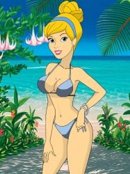 2018 beach belly blonde_ponytail blue_bikini blue_eyes blue_hairband brown_eyebrows carlshocker cinderella_(1950_film) cinderella_(disney) deviantart hand_on_leg meta not_ai_generated not_porn pink_lipstick tummy walt_disney_animation_studios walt_disney_pictures white_bracelets