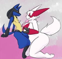 2014 anthro areola balls big_breasts breasts canine claws duo erection female fur interspecies kneeling lucario male mammal nintendo nipples nude oogzie paizuri penis pokemon pokemon_(species) red_eyes sex spikes straight video_games white_fur zangoose