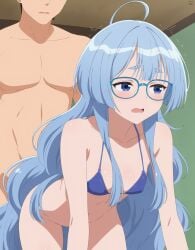 1boy absurdres ahoge all_fours artist_logo artist_name bikini bikini_top_only blue-framed_eyewear blue_bikini blue_eyes blue_hair bottomless breasts collarbone commentary_request doggy_style eyes_out_of_frame female glasses head_out_of_frame highres indoors logo long_hair male navel paid_reward_available parted_lips rikka_(rikkaarts) shiunji-ke_no_kodomotachi shiunji_seiha short_eyebrows small_breasts swimsuit thick_eyebrows thighs trembling very_long_hair wavy_hair