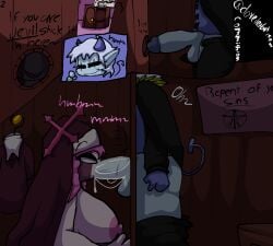 big_penis breasts breasts_out clovedex_(artist) comic commission confession_booth deltarune female friday_night_funkin glory_hole glory_wall horns jevil_(deltarune) male nude nude_female nun nun's_habit oral oral_sex pentagram sarvente_(dokki.doodlez) sarvente_(friday_night_funkin) sex