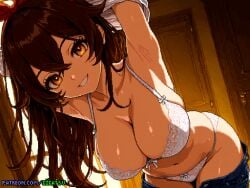 ai_generated amber_(genshin_impact) big_ass big_breasts big_butt brown_hair genshin_impact gigatsu lingerie looking_at_viewer pixel_art pov pov_eye_contact seductive undressing