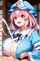 ai_generated bratkudm clothed clothed_female_nude_male clothed_sex clothing cum cumshot female happy male massive_cumshot paizuri pink_eyes pink_hair sex touhou yuyuko_saigyouji