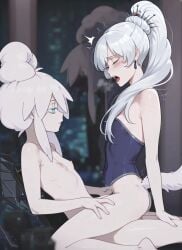 ai_generated black_mask blue_eyes blush cat_ears cat_tail colored_eyelashes deux_murasame dildo_under_mask freckles futa_on_female grey_hair gundam gundam_gquuuuuux hair_bun highres long_hair male mask masked mouth_mask nimona1491_(artist) penis petite purple_pupils rwby shoulder_blades simple_background small_penis updo vaginal_penetration weiss_schnee white_background white_eyelashes white_hai
